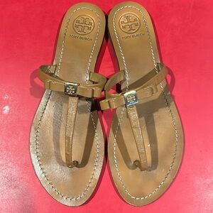 Used TORY BURCH Sandal Leighanne Leather Flat Thong Bow Brown Logo Shoe Sz 10